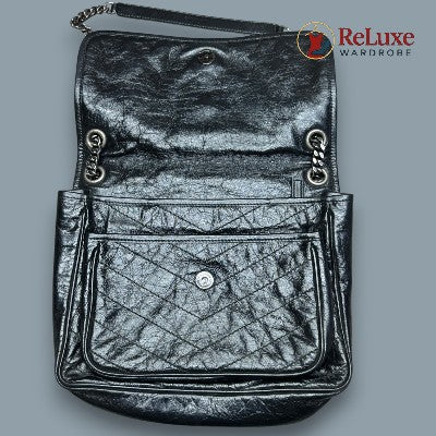 Saint Laurent Black Crinkled Leather Medium Shoulder Bag