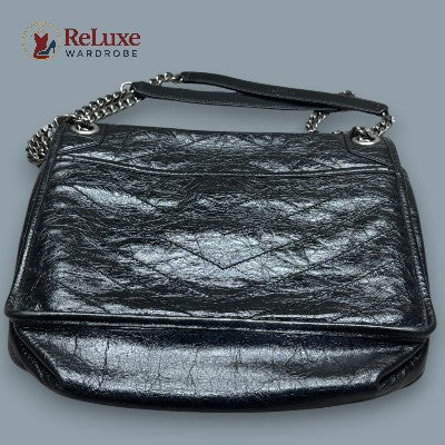 Saint Laurent Black Crinkled Leather Medium Shoulder Bag
