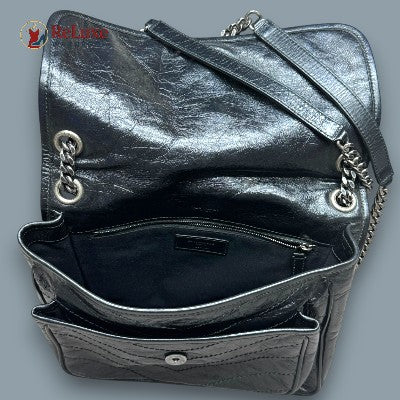 Saint Laurent Black Crinkled Leather Medium Shoulder Bag