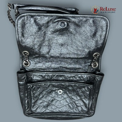 Saint Laurent Black Crinkled Leather Medium Shoulder Bag