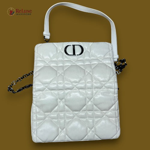 Dior White Small Lambskin Macrocannage Caro Bag