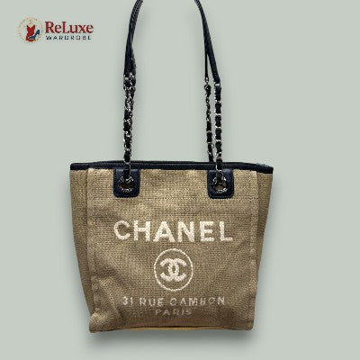 Chanel Beige/Black Canvas and Leather Large Deauville Shopper Tote