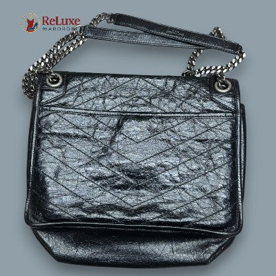 Saint Laurent Black Crinkled Leather Medium Shoulder Bag