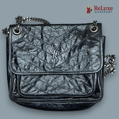 Saint Laurent Black Crinkled Leather Medium Shoulder Bag