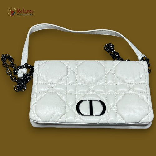 Dior White Small Lambskin Macrocannage Caro Bag