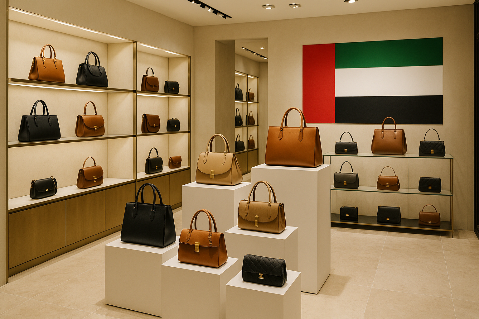 A fashion store with brand bags like gucci, Speedy @5, and also feturing dubal flag on the side